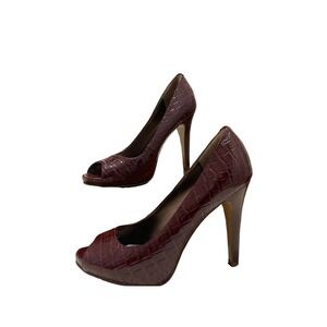 Nine West Red Faux Crocodile Peep Toe Platform Pumps